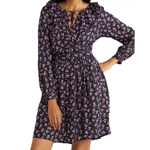Boden Metallic Frill Detail Dress Navy Berry sprig ruffle a line flirty 10 - Picture 1 of 10